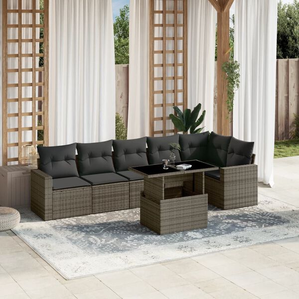 vidaXL Salon de jardin avec coussins 7 pcs gris r&eacute;sine tress&eacute;e