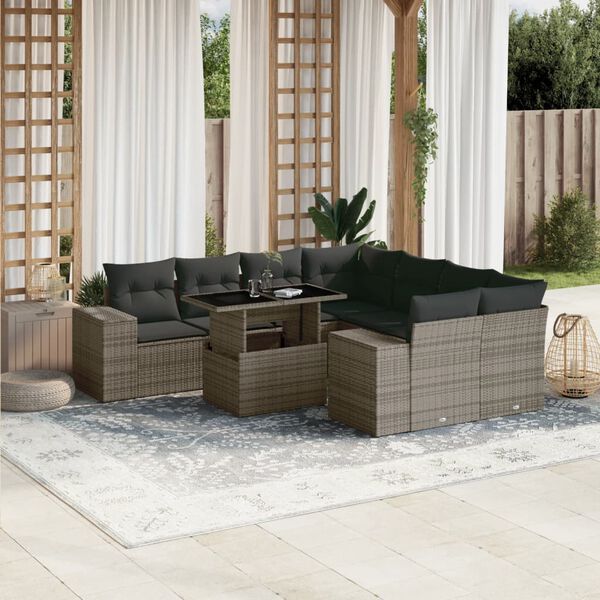 vidaXL Salon de jardin 9 pcs avec coussins gris résine tressée