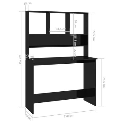 vidaXL Bureau avec étagères Noir brillant 110 x 45 x 157 cm Aggloméré