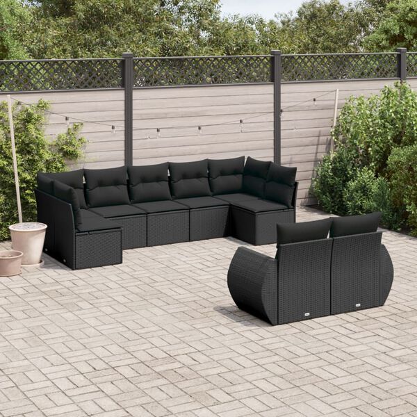 vidaXL Salon de jardin 9 pcs avec coussins noir r&eacute;sine tress&eacute;e
