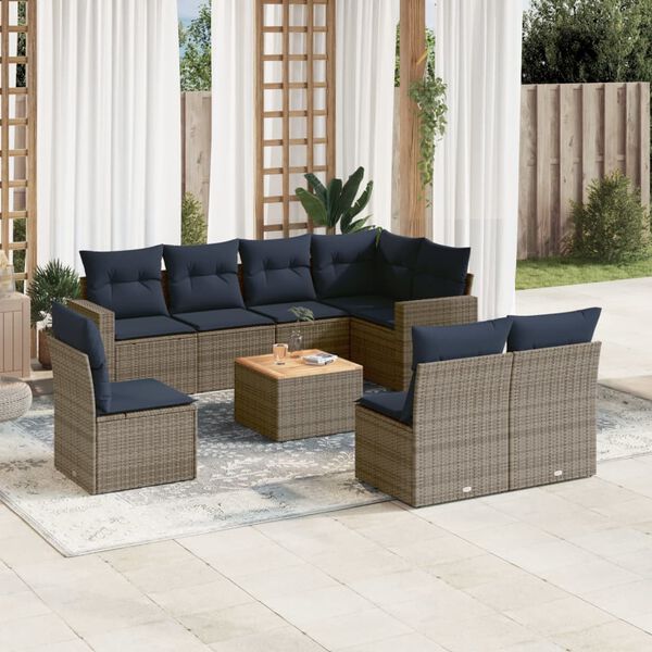 vidaXL Salon de jardin 9 pcs avec coussins gris r&eacute;sine tress&eacute;e
