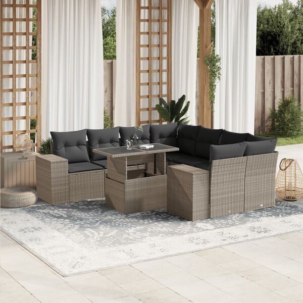 vidaXL Salon de jardin 9 pcs avec coussins gris clair r&eacute;sine tress&eacute;e