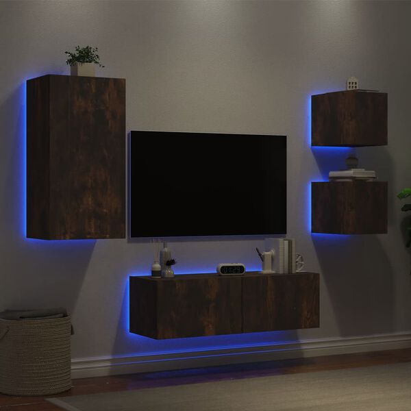 vidaXL Meuble TV muraux 4 pcs avec lumi&egrave;res LED ch&ecirc;ne fum&eacute;