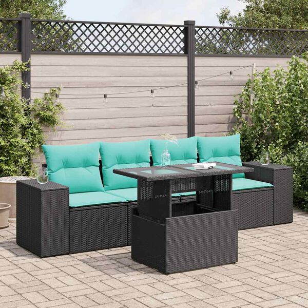 vidaXL Salon de jardin 5 pcs avec coussins noir r&eacute;sine tress&eacute;e acacia