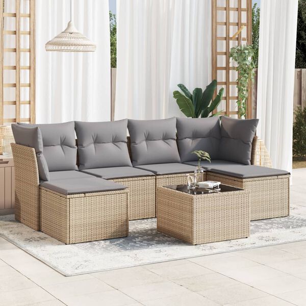 vidaXL Salon de jardin avec coussins 7 pcs beige r&eacute;sine tress&eacute;e
