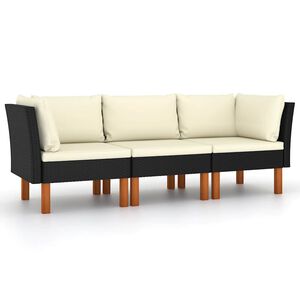 vidaXL Canap&eacute; de jardin &agrave; 3 places avec coussins Noir R&eacute;sine tress&eacute;e