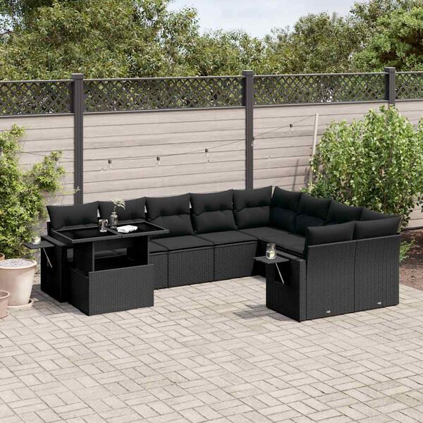 vidaXL Salon de jardin 10 pcs avec coussins noir r&eacute;sine tress&eacute;e