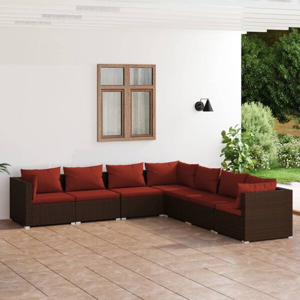 vidaXL Salon de jardin 7 pcs avec coussins R&eacute;sine tress&eacute;e Marron