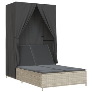 vidaXL Chaise longue double avec toit et rideaux gris clair poly rotin