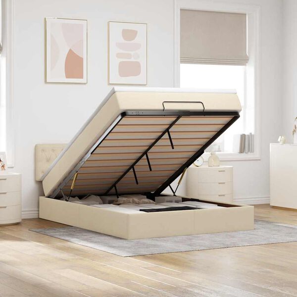 vidaXL Lit ottoman avec matelas et LED cr&egrave;me 140x190 cm tissu