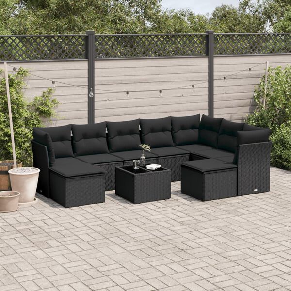 vidaXL Salon de jardin 10 pcs avec coussins noir r&eacute;sine tress&eacute;e