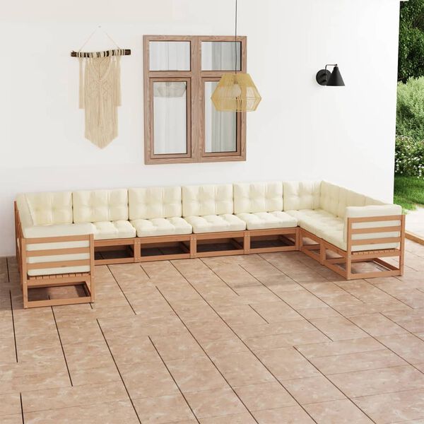 vidaXL Salon de jardin 10 pcs avec coussins Marron miel Bois de pin