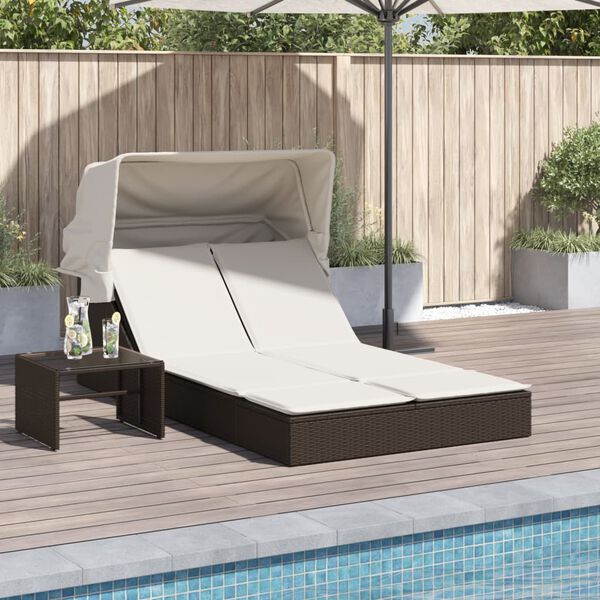vidaXL Chaise longue double avec auvent et coussins marron poly rotin