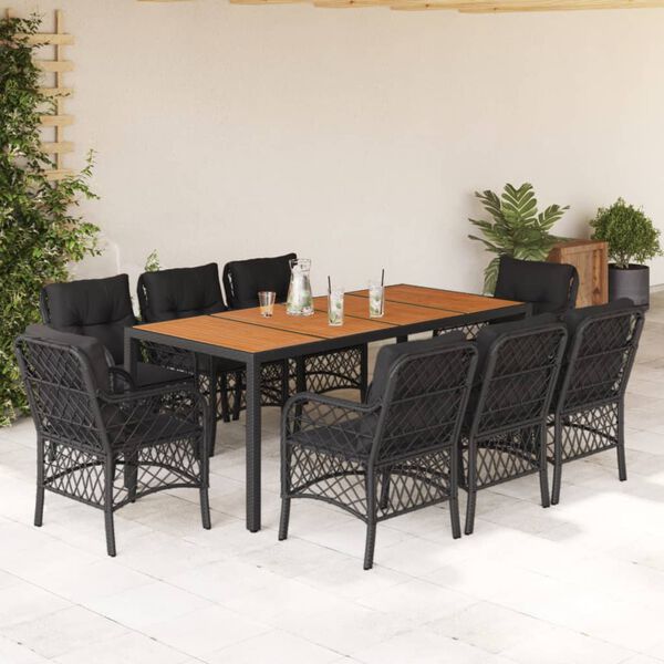 vidaXL Ensemble &agrave; manger de jardin 9pcs coussins noir r&eacute;sine tress&eacute;e