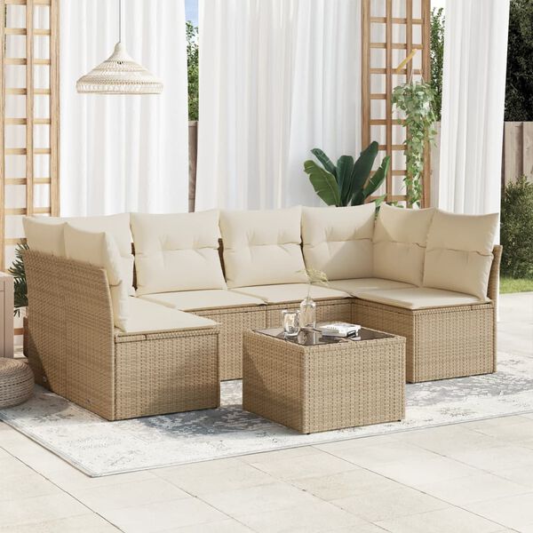 vidaXL Salon de jardin avec coussins 7 pcs beige r&eacute;sine tress&eacute;e