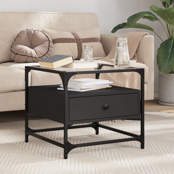 vidaXL Table basse avec dessus en verre noir 50x50x45 cm acier