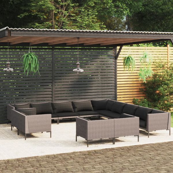 vidaXL Salon de jardin 13 pcs avec coussins R&eacute;sine tress&eacute;e Gris fonc&eacute;