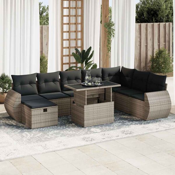 vidaXL Salon de jardin 9 pcs avec coussins gris r&eacute;sine tress&eacute;e