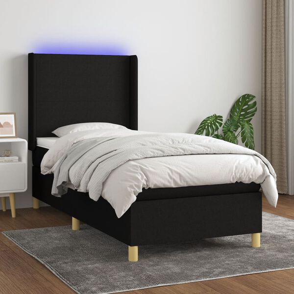 vidaXL Sommier &agrave; lattes de lit matelas et LED Noir 90x190 cm Tissu