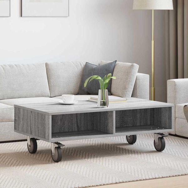 vidaXL Table d'appoint avec roues Gris Sonoma 90 x 50 x 30 cm