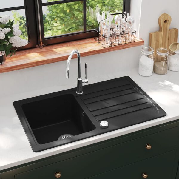 vidaXL &Eacute;vier de cuisine en granite avec &eacute;gouttoir r&eacute;versible Noir