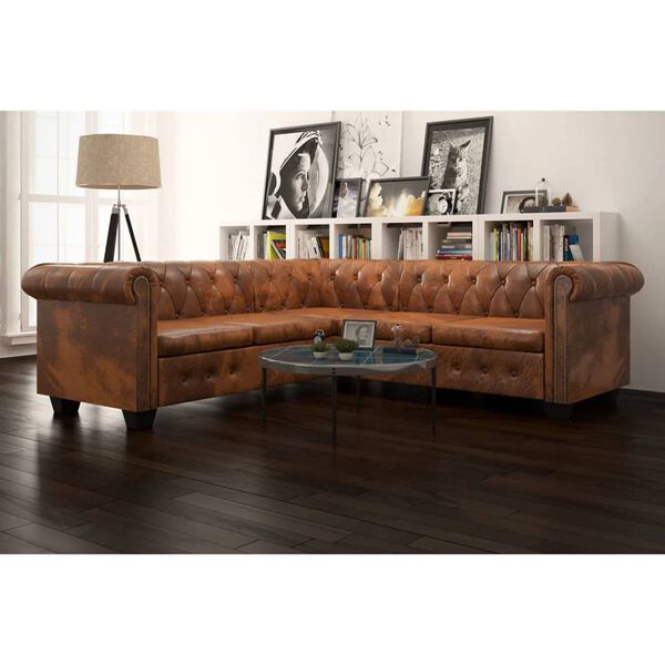 vidaXL Canap&eacute; d'angle Chesterfield 5 plcs Cuir artificiel Marron