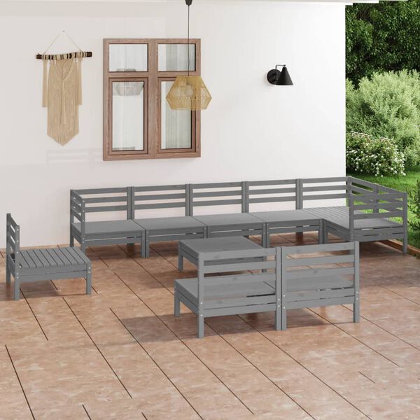 vidaXL Salon de jardin 10 pcs Bois de pin massif Gris