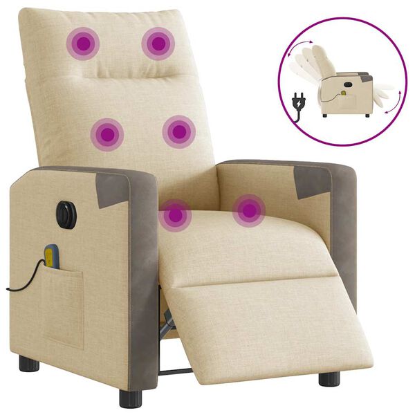 vidaXL Fauteuil inclinable de massage &eacute;lectrique cr&egrave;me tissu