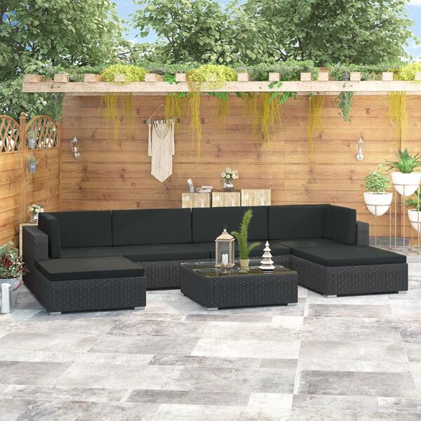 vidaXL Salon de jardin 7 pcs avec coussins R&eacute;sine tress&eacute;e Noir