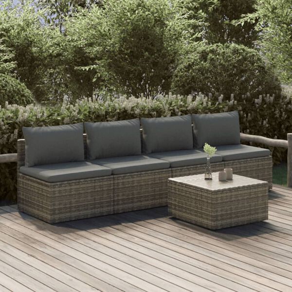 vidaXL Salon de jardin 5 pcs avec coussins Gris R&eacute;sine tress&eacute;e