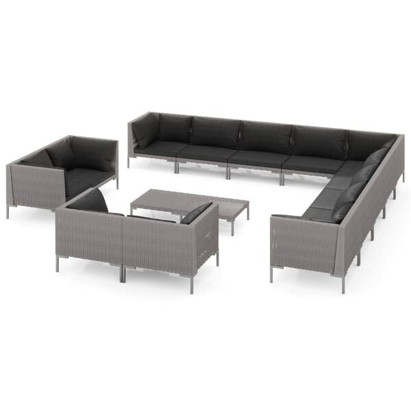 vidaXL Salon de jardin 14 pcs avec coussins R&eacute;sine tress&eacute;e Gris fonc&eacute;