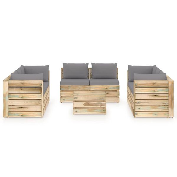 vidaXL Salon de jardin 9 pcs avec coussins Bois impr&eacute;gn&eacute; de vert