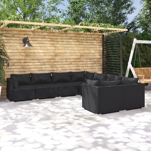 vidaXL Salon de jardin 8 pcs avec coussins R&eacute;sine tress&eacute;e Noir