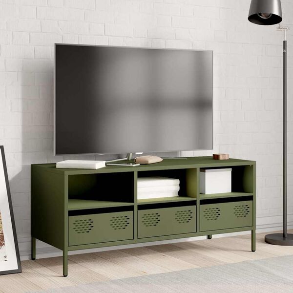 vidaXL Meuble TV vert olive 101,5x39x43,5 cm acier lamin&eacute; &agrave; froid