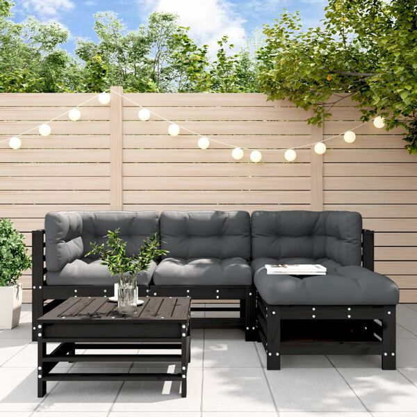 vidaXL Salon de jardin 5 pcs avec coussins noir bois massif