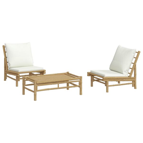 vidaXL Salon de jardin 3 pcs avec coussins blanc crème bambou