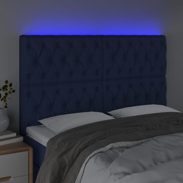 vidaXL T&ecirc;te de lit &agrave; LED Bleu 144x7x118/128 cm Tissu