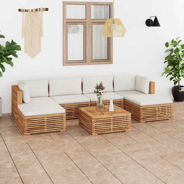 vidaXL Salon de jardin 7 pcs avec coussin cr&egrave;me Bois de teck solide