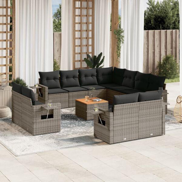 vidaXL Salon de jardin avec coussins 12 pcs gris r&eacute;sine tress&eacute;e