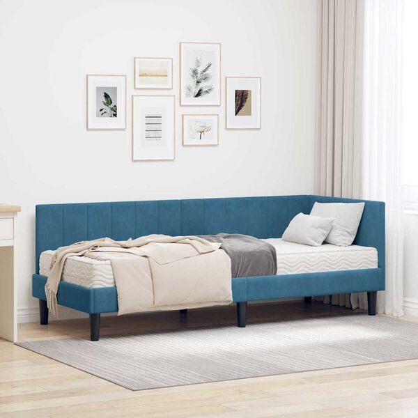vidaXL Cadre de lit d'angle avec matelas 2 pcs Bleu Velours