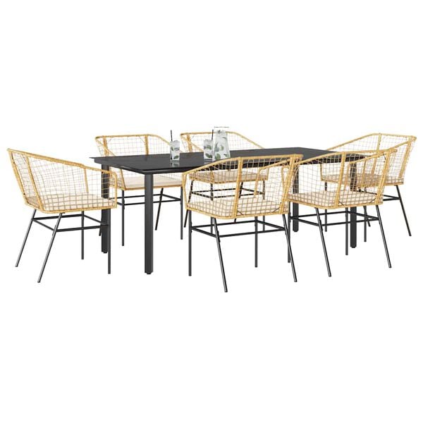 vidaXL Ensemble &agrave; manger jardin coussins 7pcs marron poly rotin verre