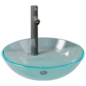 vidaXL Lavabo de bain avec robinet et drain &agrave; poussoir Verre tremp&eacute;