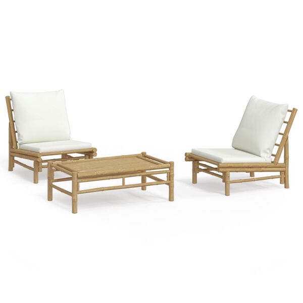 vidaXL Salon de jardin 3 pcs avec coussins blanc crème bambou