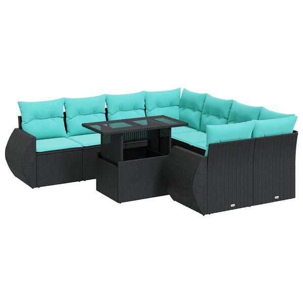 vidaXL Salon de jardin avec coussins 9 pcs noir r&eacute;sine tress&eacute;e acacia