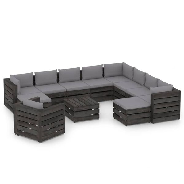 vidaXL Salon de jardin 12 pcs avec coussins Bois impr&eacute;gn&eacute; de gris