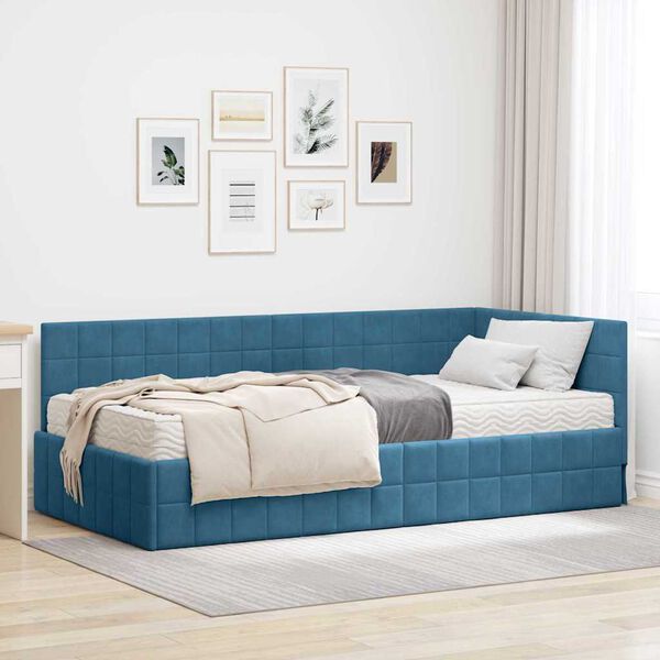 vidaXL Cadre de lit d'angle avec matelas 2 pcs Bleu Velours