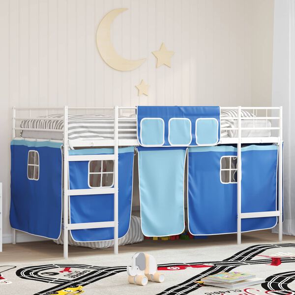 vidaXL Cadre de Lit Mezzanine pour Enfants avec Rideaux Blanc et Bleu