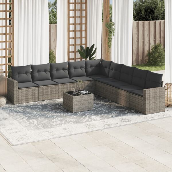 vidaXL Salon de jardin avec coussins 10 pcs gris r&eacute;sine tress&eacute;e