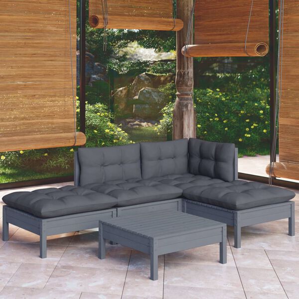 vidaXL Salon de jardin 5 pcs avec coussins Gris Bois de pin