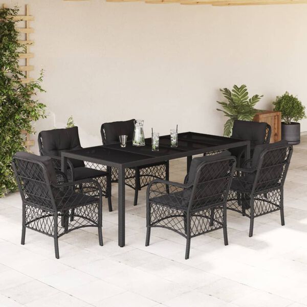 vidaXL Ensemble &agrave; manger de jardin coussins 7pcs Noir R&eacute;sine tress&eacute;e